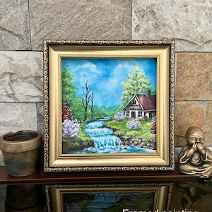 Cascada suave, paisaje de cascada vintage, paisaje acrílico, arte de pared acrílico enmarcado, regalo para el hogar, decoración del hogar enmarcada, pintura de la naturaleza
