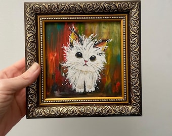 Klein origineel schilderij, kleurrijk kattenschilderij, mini ingelijste muurdecoratie cadeau voor kattenliefhebber