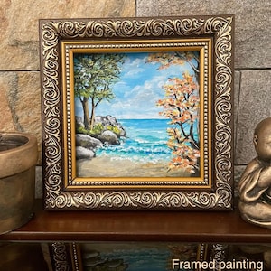 Mini pintura, pintura pequeña, pintura marina, paisaje marino enmarcado, pintura pequeña original, paisaje marino acrílico, mini pintura enmarcada, arte acrílico