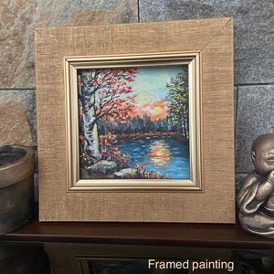 Mini pintura acrílica de bosque, mini pintura de paisaje enmarcada, arte de pared enmarcado, regalo para el hogar, miniatura pintada a mano, pintura de árbol enmarcada