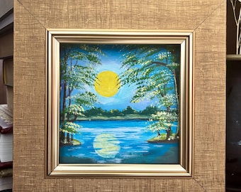 Night Sky Painting, Night Landscape, Small Acrylic Painting,Lake Under Full Moon