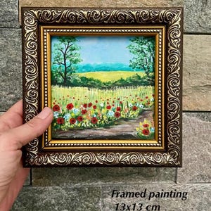 Paisagem de flores silvestres, pintura acrílica de campo de flores, mini pintura emoldurada de primavera, arte de parede emoldurada, presente para casa, miniatura pintada à mão