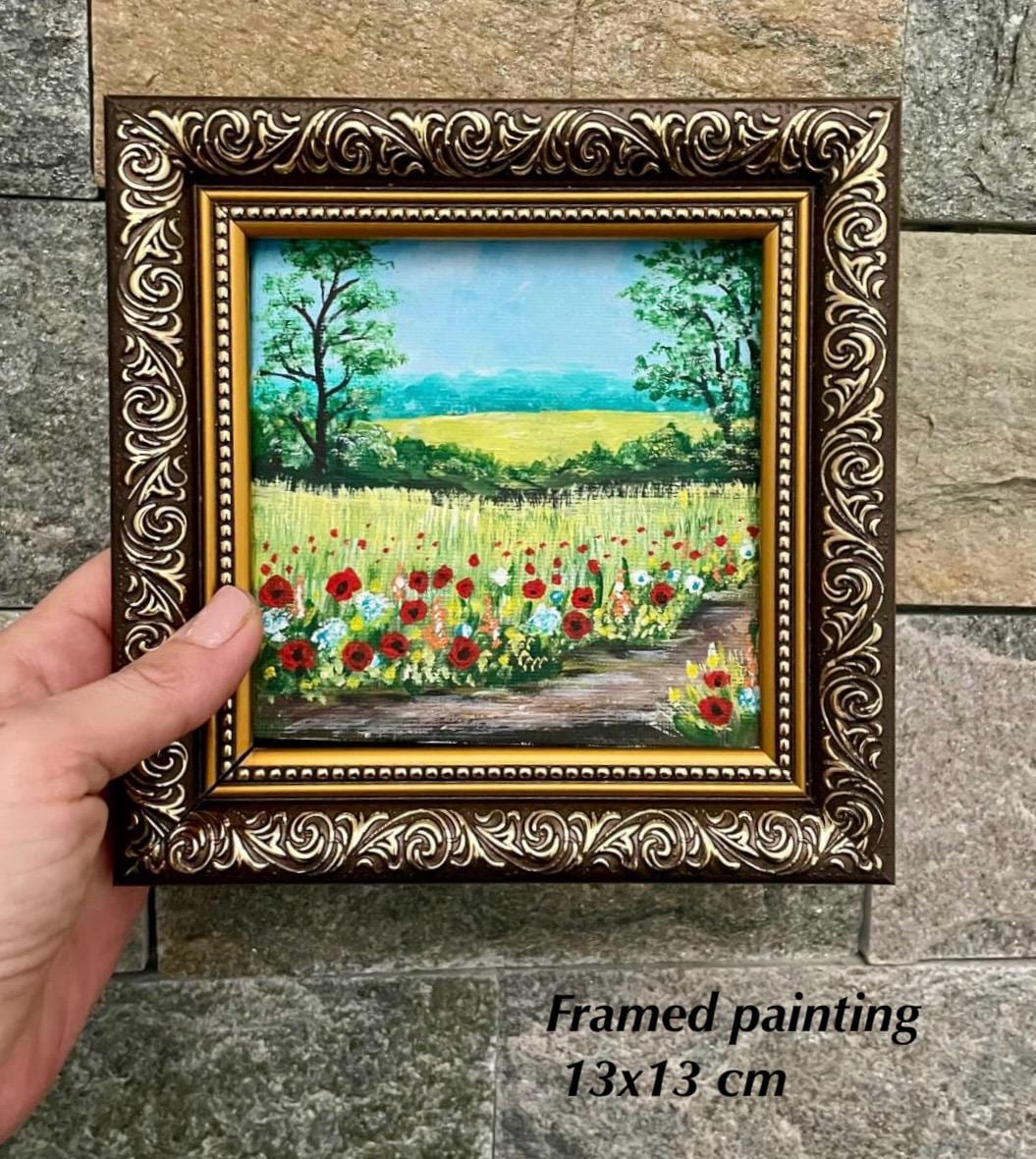 Wildflower Landscape, Flower Field Acrylic Painting,Spring Mini Framed Painting,Framed Wall Art, Gift for Home, Hand Painted Miniature