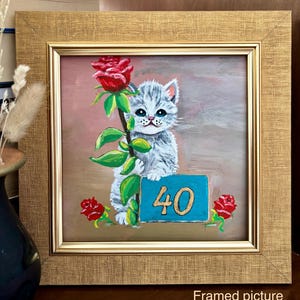 Birthday Gift for Woman,  Grey Cat Acrylic Framed Original Painting, Birthday Gifts for her, Original Handmade Artwork