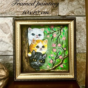 Cat Painting Original, Small Handpainted Cat Decor, Wall Art Tiny Painting,Original Unique Art Work Framed, Cat Lovers Gift