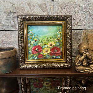 Pintura acrílica de flores silvestres, pintura acrílica de campo de flores, mini pintura vintage, arte enmarcado, mini arte de pared, paisaje pequeño enmarcado