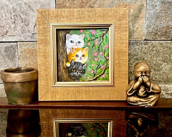 Cuadro original de gato, pequeña decoración de gato pintada a mano, arte de pared, pequeña pintura, obra de arte original y única enmarcada, regalo para amantes de los gatos