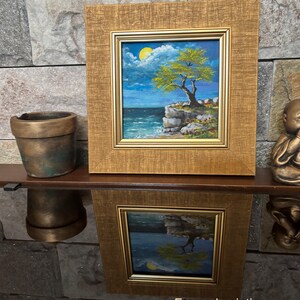 Pintura acrílica de árbol, pintura acrílica de paisaje marino, mini pintura enmarcada, mini pintura vintage, pintura original del mar, regalo para el hogar