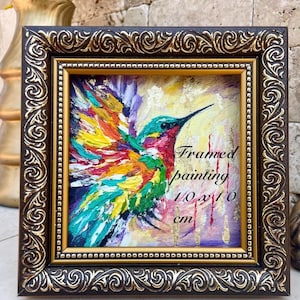 Hummingbird Oil Painting in Frame Bird Original Wall Art Animal Artwork Hummingbird Small Wall Art Impasto Bird Painting Home Decor