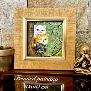 Framed Acrylic Painting of Three Cats – Hand-Painted Cute Cat Wall Art, Floral Miniature with Ornate Frame