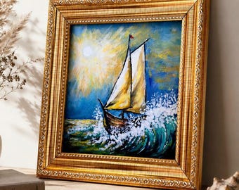 Peinture acrylique originale de voilier, mini art de paysage marin, peinture encadrée de vague d'océan, décoration murale côtière, oeuvre d'art nautique, décoration de maison de plage