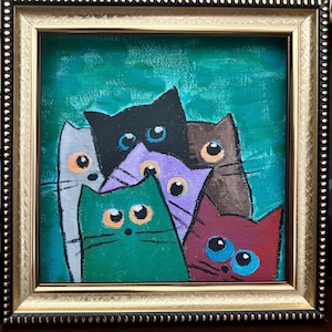 Pintura acrílica, pintura original de gato, mini pintura enmarcada, arte de pared enmarcado, regalo para el hogar, miniatura pintada a mano, pintura de gato enmarcada