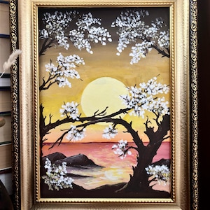 Pintura original de puesta de sol, puesta de sol pintada a mano, pintura acrílica, pintura acrílica de puesta de sol enmarcada, arte de pared acrílico, pintura acrílica enmarcada