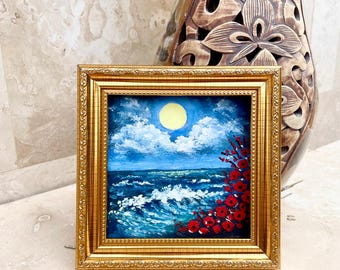 Olieverfschilderij van een golvend strand, origineel ingelijst miniatuur olieverfschilderij van een zeegezicht.