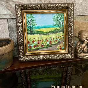 Paisaje de flores silvestres, pintura acrílica de campo de flores, mini cuadro primaveral enmarcado, arte mural enmarcado, regalo para el hogar, miniatura pintada a mano
