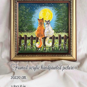 Arte de pared enmarcado de gatos bajo la luz de la luna, obra de arte acrílico pintada a mano, regalo original encantador, regalo para amantes de los gatos, pintura original