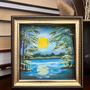 Mini pintura, pintura acrílica pequeña, pintura de paisaje nocturno, pintura lunar, paisaje nocturno, mini pintura original, mini pintura enmarcada