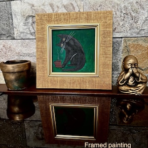 Cuadro de gato negro, cuadro original de gato, mini cuadro enmarcado, arte de pared enmarcado, regalo para el hogar, miniatura pintada a mano, cuadro de gato enmarcado