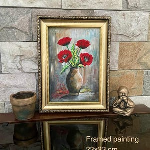 Pintura acrílica de naturaleza muerta, amapolas rojas, bodegón floral, pintura floral vintage, pintura acrílica de florero, arte mural vintage
