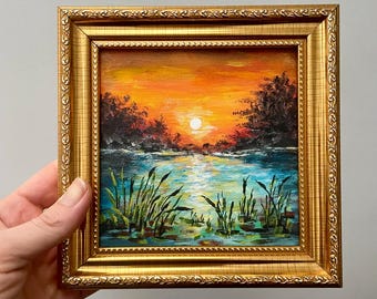 Golden Sunset Lake Painting, Original Mini Landscape Art, Framed Acrylic Painting, Small Nature Wall Decor, Sunset Waterscape, Gift for Her
