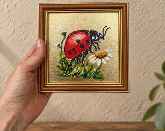 Ladybug Painting on Daisy ,Original Mini Painting on Gold Leaf, Framed Nature Insect Artwork , Small Cottagecore Decor