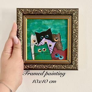 Pintura acrílica, pintura original de gato, mini pintura emoldurada, arte de parede emoldurada, presente para casa, miniatura pintada à mão, pintura de gato emoldurada