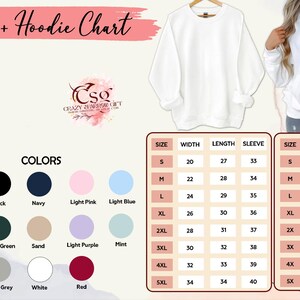 May include: A white crewneck sweater and a white hoodie are shown, with a colour chart and size guide. The chart displays colours such as black, navy, and red. The size chart provides measurements in inches for width, length, and sleeve.