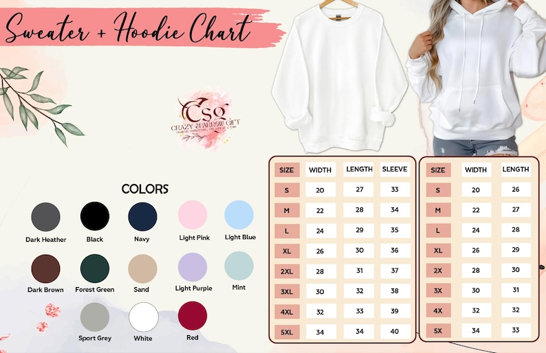 May include: A white crewneck sweater and a white hoodie are shown, with a colour chart and size guide. The chart displays colours such as black, navy, and red. The size chart provides measurements in inches for width, length, and sleeve.