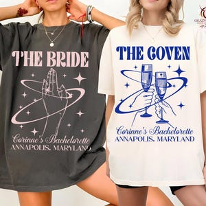 Dopasowane koszule wieczorowe dla panny młodej i załogi, spersonalizowany zestaw koszulek Witchy Bride & Coven, koszule dla druhen, strój na wycieczkę dla dziewcząt