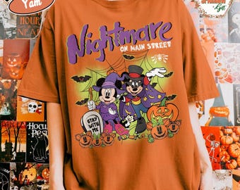 Nightmare on Main Street Comfort Colors Shirt, Vintage Mickey Minnie Halloween Tee