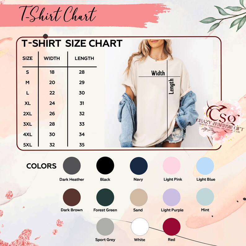 May include: A t-shirt size chart with measurements in inches, including width and length for sizes S to 5XL. The chart also displays a colour palette with options like black, navy, and red. A woman models a t-shirt.