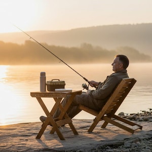 May include: A person fishing by a lake at sunrise. They are seated in a wooden folding chair, with a small table holding a thermos, tackle box, and book. A fishing rod is cast into the water, with a serene, misty background.