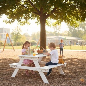 Puede incluir: Una mesa de picnic de madera blanca diseñada para niños, con dos bancos integrados. La mesa está situada al aire libre bajo un árbol grande, con un termo de metal, una pequeña cesta de frutas y un libro colocados sobre la superficie.