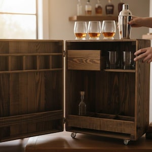Può includere: Un mobile bar portatile in legno con anta a battente aperta, dotato di ripiani interni, un piccolo cassetto e scomparti. Il mobile è realizzato in legno tinto scuro con venature visibili ed è montato su piccole ruote per la mobilità.
