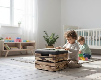 Classic Vintage Farmhouse Hidden Kids Storage, Kids Cushion, Kids Booster Seat Cushion for Dining Chair, Children's Wooden Stool 30*30*34cm