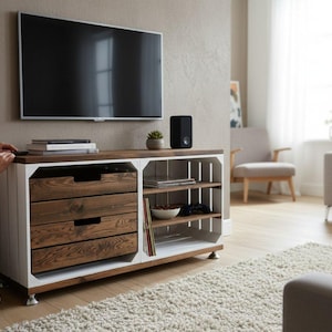 May include: A modern TV stand with a two-tone design. The top is a dark wood, and the frame is white. It features drawers and open shelving. A black speaker and a small plant sit on top. A large TV is mounted on the wall above.