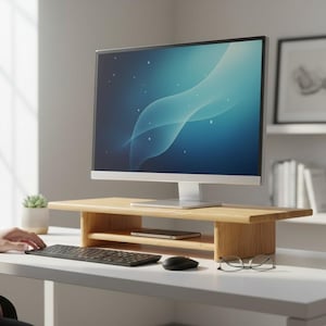 Può includere: Un supporto per monitor in legno chiaro con una superficie superiore rettangolare e un ripiano inferiore, che sostiene un monitor per computer con un display a schermo blu astratto. Il supporto è posizionato su una scrivania bianca insieme a tastiera, mouse e occhiali.
