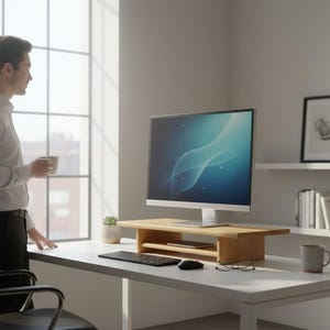 May include: A light-coloured wooden monitor stand with a horizontal shelf underneath, positioned on a white desk. The stand supports a computer monitor displaying a blue abstract graphic, accompanied by a black keyboard and a black computer mouse.