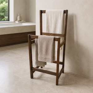 May include: A dark brown wooden towel rack with a tall, rectangular frame and four legs. The rack features two horizontal bars for hanging textiles. Two folded, light beige cotton towels are draped over the top and middle bars of the structure.