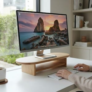 Peut inclure: Un support d'écran en bois clair avec un plateau ovale et une étagère inférieure, soutenant un écran d'ordinateur large affichant un paysage de coucher de soleil avec des rochers. Le support est posé sur un bureau blanc près d'un clavier.