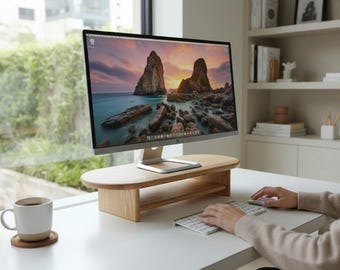 Suporte para monitor em madeira maciça, organizador minimalista escandinavo, suporte de madeira para monitor, suporte ergonômico para monitor em madeira, organizador de mesa em nogueira