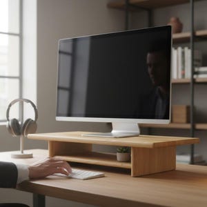 May include: A light-colored wooden monitor stand with a rectangular top surface and a lower storage shelf, positioned on a desk to elevate a computer screen. The stand features a smooth, natural wood grain finish and a sturdy, open-sided design.