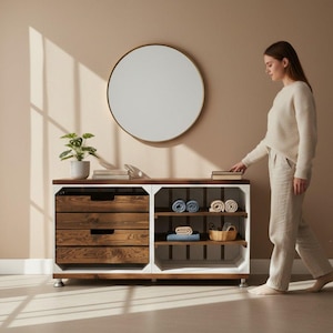 May include: A wooden storage cabinet with three drawers and open shelving. The cabinet is white with brown accents and sits on silver legs. A round mirror hangs above it. The cabinet holds towels and decorative items. A person is standing next to the cabinet.