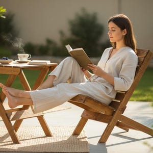 May include: A wooden folding chair and a matching wooden folding side table. The table holds a steaming white ceramic cup, a small bowl of blueberries, and a book. The chair features a slatted back and seat design with a natural wood finish.