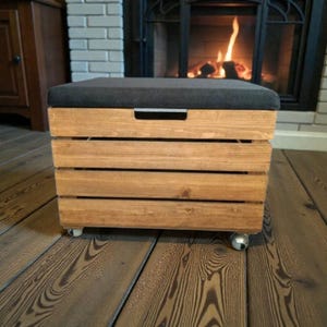 Industrial Storage Box Seat, Wooden Storage Ottoman on Wheels, Rustic Pine Pouf with Cushion, Mobile Entryway Bench, Scandi Style Toy Chest