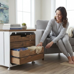 Sängbord i trä, Skåp i furu, Möbler i loftstil, Rustikt nattduksbord i trä, Sidobord i återvunnet trä med låda och hylla