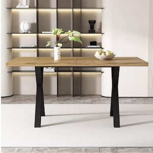 Rectangular Industrial Dining Table – Wood Top & Black Metal X-Legs – 6-Seater Modern Kitchen Table