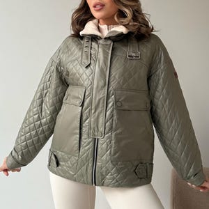 Olive puffer bomber jacket, quilted bomber jacket with pockets, oversized bomber with zipper