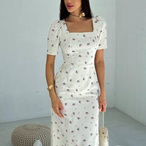 Floral Maxi Dress with short sleeve, Minimalist White Sun Dress with flower print | Cotton Spring Dress Ankle Lenght