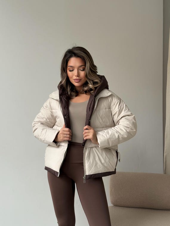 Stylish White and Brown Hooded Puffer Quilted Bomber Jacket